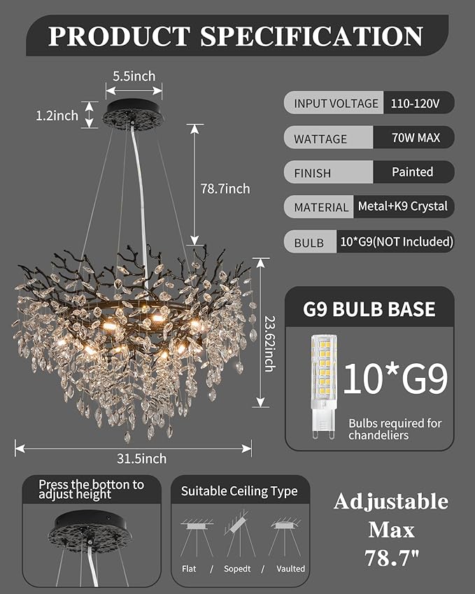 Modern Crystal Chandelier for Dining Room, 31.5" Black Tree Branch Chandeliers, 10-Light Luxury K9 Crystal Round Chandeliers for Kitchen Island Living Room