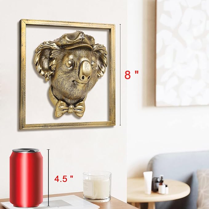 Animal Heads Wall Decor (Includes Metal Frame) Resin Animals Sculptures Head Wall Hanging Decoration Gold vintage Wall Sculpture for Living Room Bedroom Office(Koala)