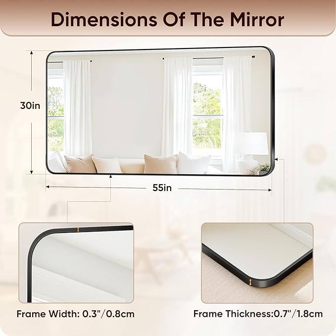 Antok Wall Mirror, 30"x55" Bathroom Vanity Mirror, Anti-Rust HD Tempered Glass, Wall Mounted Mirrors for Living Room, Entryway, Black Frame, Rect