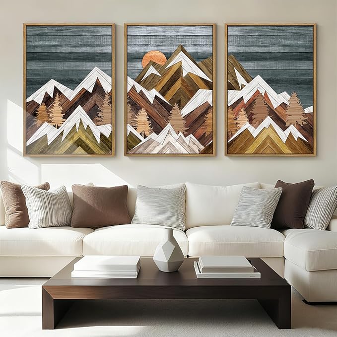 BINCUE Rustic Mountain Canvas Wall Picture Framed Wall Art for Office Living Room Bedroom 16x24 Inches Set of 3
