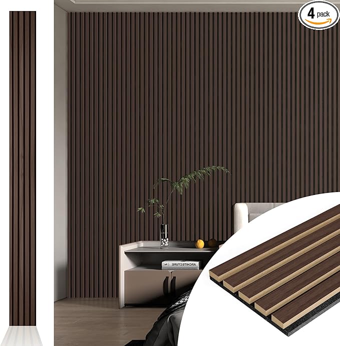 Art3d 4pcs-107 x 8in Slat Acoustic Panel for Wall and Ceiling, 3D Fluted Sound Absorbing Panel with Wood Finish, Dark Walnut
