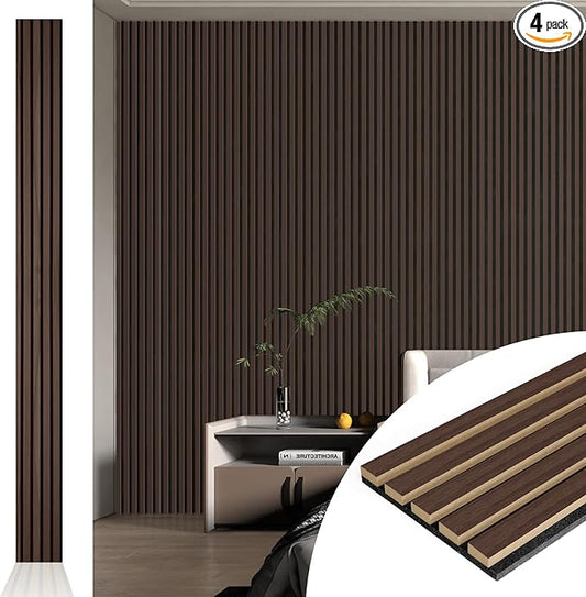Art3d 4pcs-107 x 8in Slat Acoustic Panel for Wall and Ceiling, 3D Fluted Sound Absorbing Panel with Wood Finish, Dark Walnut