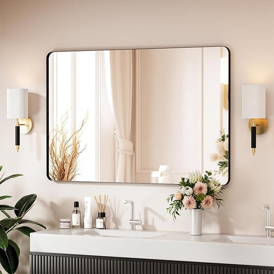 Black Bathroom Mirror 48X32 Inch Bathroom Vanity Mirror for Wall, Metal Frame Large Mirror, Tempered Glass, Modern Wall Mirror for Bathroom, Farmhouse, Horizontally or Vertically Hanging