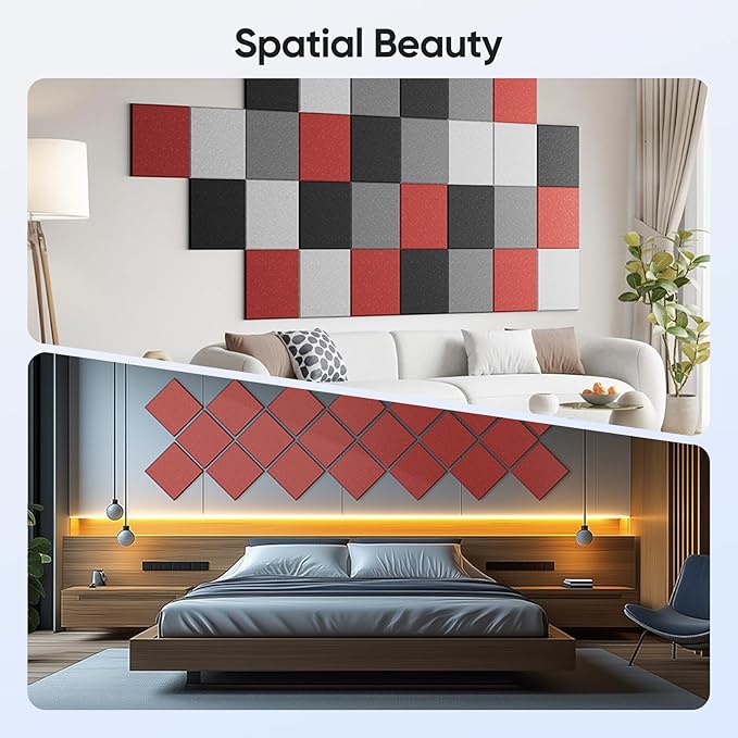 12 Pack 12" X 12" X 0.4" Acoustic Panels for Wall Sound Absorbing, Square Self-Adhesive Sound Panel, High Density Suitable for Multiple Scenarios(Cherry Red)