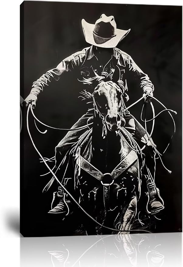 Black White Western Cowboy Canvas Wall Art Vintage Southwestern Wall Decor Prints Poster Pictures for Bedroom Bathroom Living Room Office Home Decortion Framed(28L" x 44W")