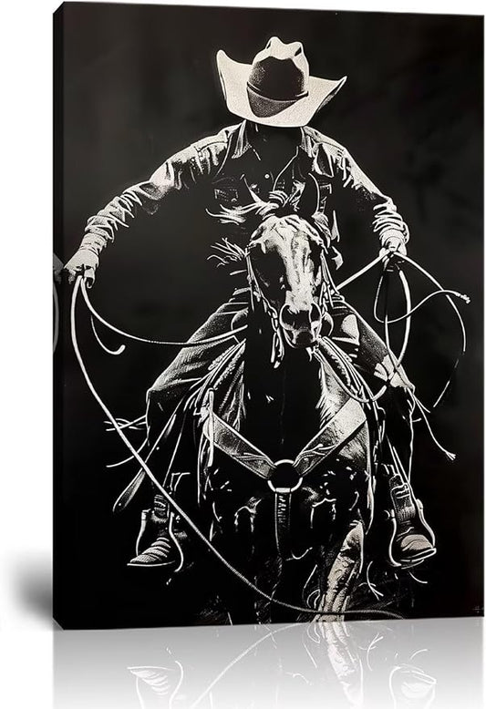 Black White Western Cowboy Canvas Wall Art Vintage Southwestern Wall Decor Prints Poster Pictures for Bedroom Bathroom Living Room Office Home Decortion Framed(18L" x 24W")