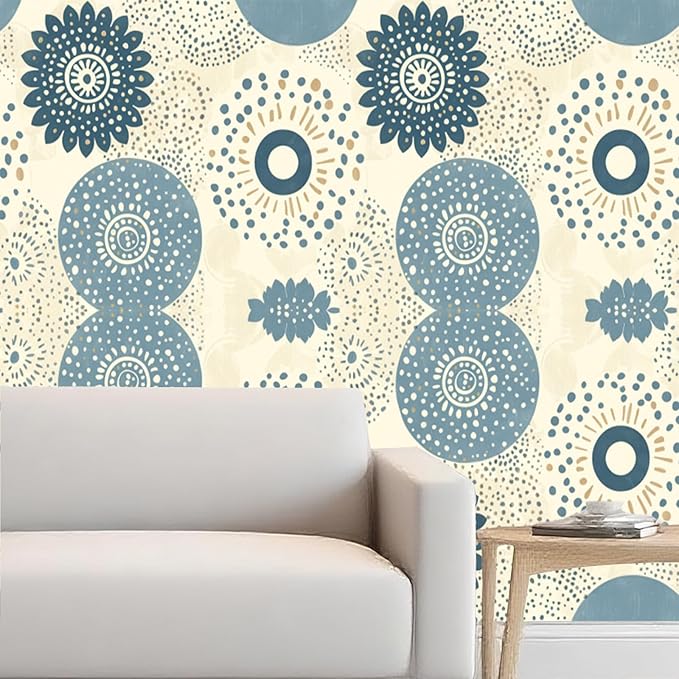 Nuxovilar Beige Blue Floral Medallion Textured Peel and Stick Wallpaper, 15.75"x39.37", Self-Adhesive Contact Paper, Vintage Tile Pattern for Bedroom, Living Room and Table Decor