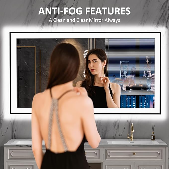 LOAAO 55"X30" LED Bathroom Mirror Black Framed, Anti-Fog, Dimmable, Lighted Bathroom Vanity Mirror for Wall, Memory Function, Tempered Glass