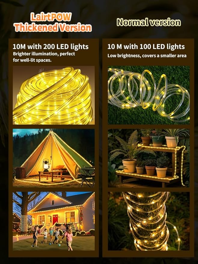 Larger Tube Solar Rope Lights 200LEDs Waterproof,Rechargeable Battery,Dual Charging,39FT Outdoor String Light,Remote-Control,for Pathway Patio Garden Palm Tree Christmas (Brighter - Warm White)