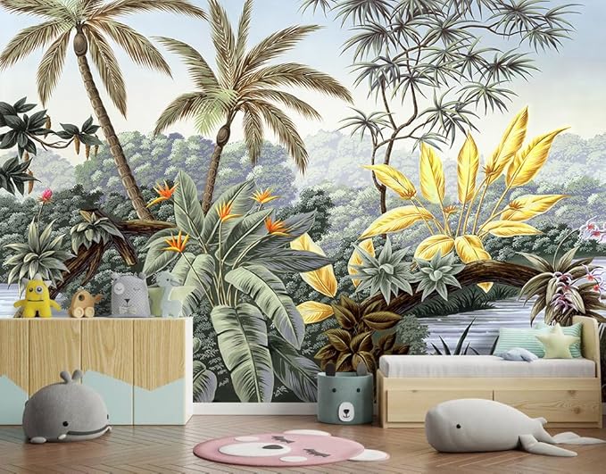 -Tropical Botanical Palm Leaf Fabric Wallpaper Living Room Bedroom Bathroom Rainforest Plant Jungle Large Wall Mural- 137"x96"（ not Peel and Stick）