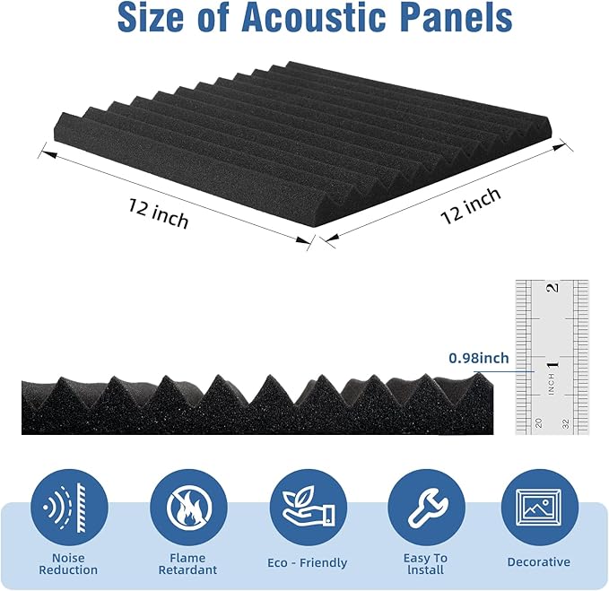 52 Pack Acoustic Panels 1 X 12 X 12 Inches - Studio Foam Wedges High Density Panel Soundproof Foam for Walls - Home Office