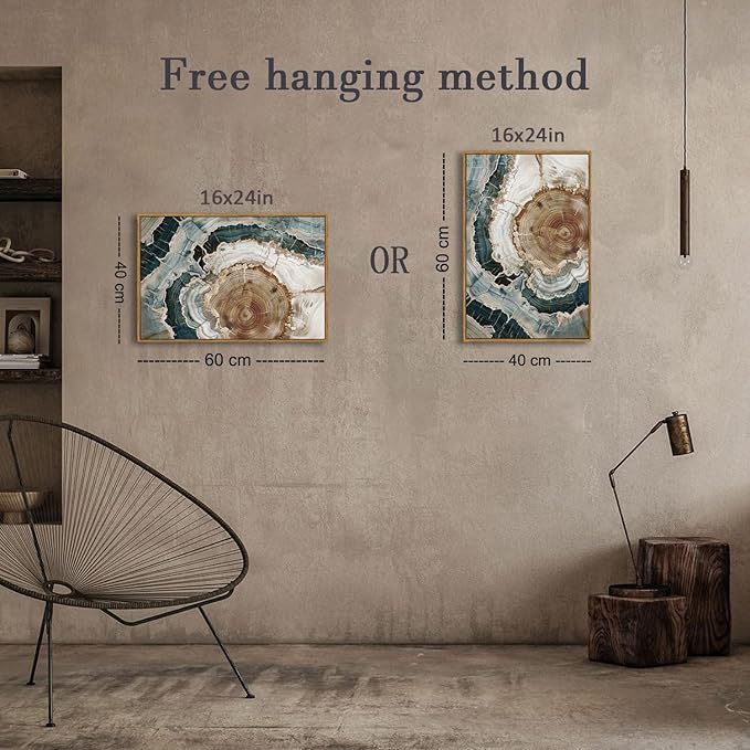 BingruiArt Framed Tree Ring Canvas Wall Art Abstract Wood Wall Decor Boho Modern Colorful Nature Painting Wood Stump Prints Pictures for Living Room Bedroom Bathroom Office 16"x24" Natural Framed(06)