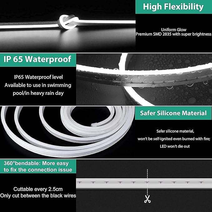 Lamomo LED Neon Rope Light, 12V White Neon LED Strip Light, 16.4ft/5m Dimmable Waterproof Strip Lighting, Silicone DIY Sign for Bedroom Indoor Home Decor (Power Adapter Included)