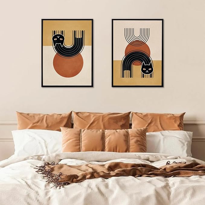 LHIUEM Boho Cats Wall Decor Black Cat Vintage Canvas Wall Art(12”X16”) Midcentury Modern Wall Decor MCM Cats Abstract Wall Art Gifts for Cat Lovers Framed Bohemian Art Prints for Living Room Bedroom