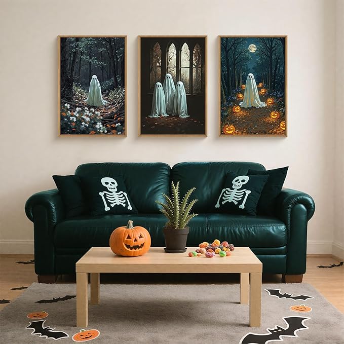 Ausril 3Pc Halloween Cute Ghost Framed Wall Art Set, Scary Forest and Pumpkin Wall Decor, Horror Moon Night Wall Painting, Gothic Spooky Art Print for Living Room, Bedroom, Party, Basement 24×36inch