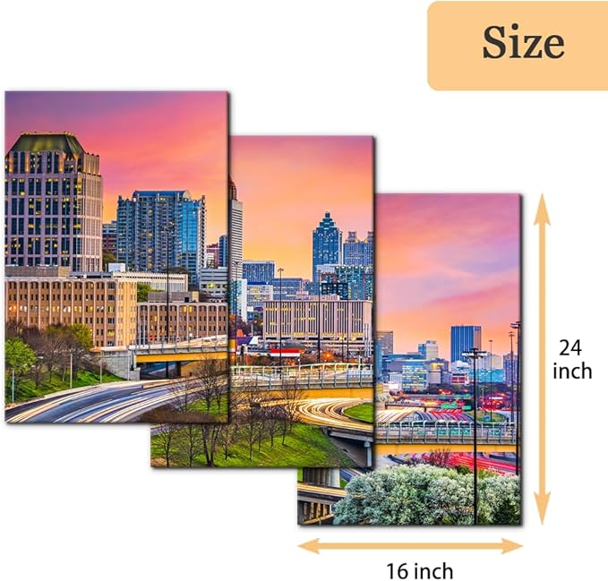 Pacimo Atlanta Cityscape Canvas Wall Art Print City Skyline at Dusk Painting Wall Decor for Living Room Home Decoration Gallery Wrapped Posters and Prints Framed Ready to Hang - 16"x24"x3 Panels