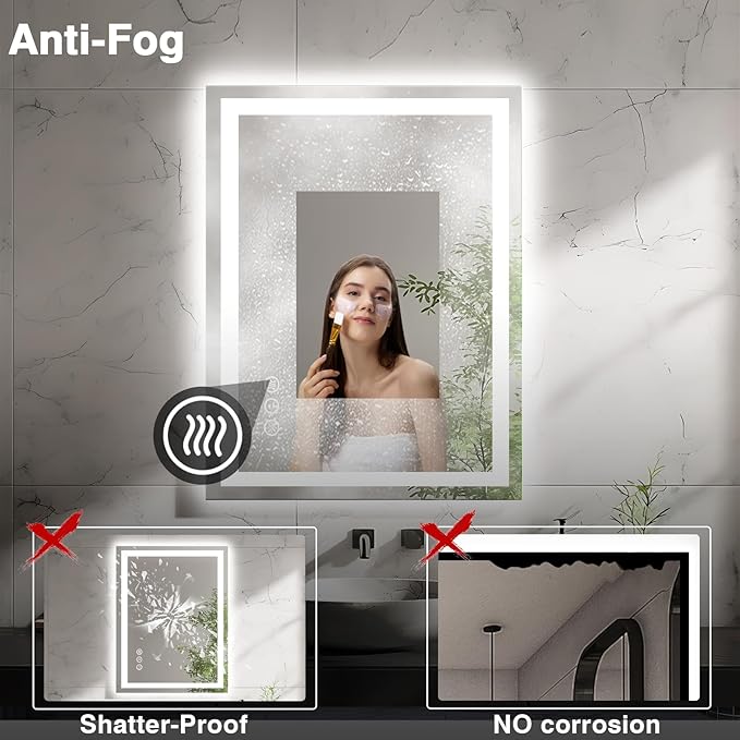 20"x28" LED Bathroom Mirrors for Wall, Front and Backlit Mirror, Anti-Fog Vanity Mirror with Lights, Stepless Dimmable Lighted Mirror, 3 Colors Smart Mirror (Horizontal/Vertical)