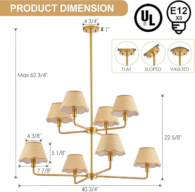 2-Layers Boho Rattan Chandelier 8-Lights Rustic Industrial Pendant Light Large Adjustable Pendant Lighting Fixtures for Kitchen Island Dining Living Room, Dia 41”, UL Listed