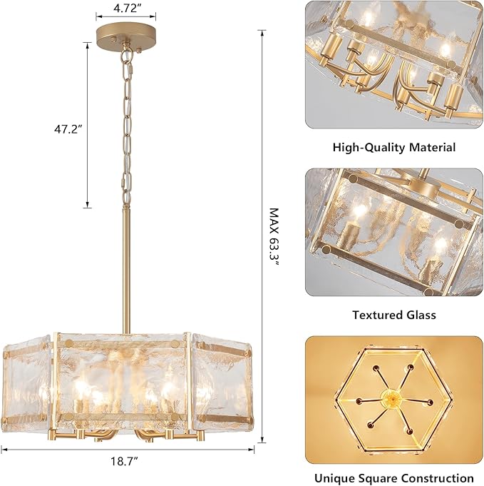 6-Light Gold Glass Chandelier, 18.7" Modern Textured Glass Drum Chandelier for Dining Room, Luxury Crystal Round Hanging Light Fixture for Kitchen Living Room Hallway Bedroom