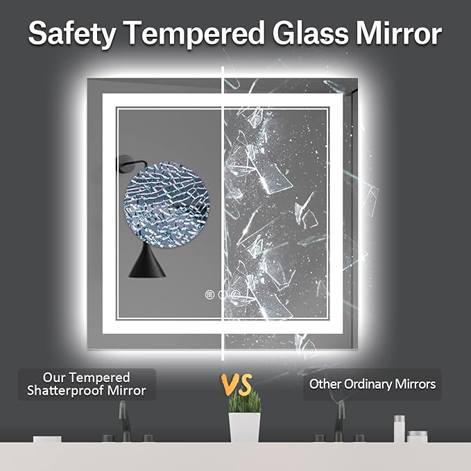 36 x 36 Inch Led Mirror for Bathroom, Backlit and Front Lighted Bathroom Vanity Mirror with Lights, Anti-Fog, 3 Colors Dimmable, Memory, Shatterproof Wall Led Mirror