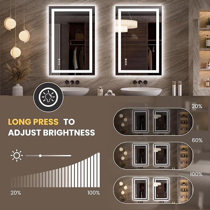 LOAAO 23.6"x35.4" LED Mirror for Bathroom, Lighted Bathroom Mirror with Lights, Anti-Fog, Dimmable, Memory Function, Easy to Install, Clear Reflection