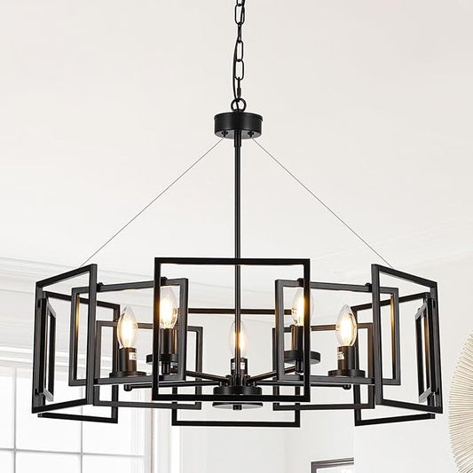 5-Light Black Geometric Chandelier,Height Adjustable Industrial Chandelier for Dining Room,Modern Farmhouse Chandelier Light Fixture over Table,for Bedroom,Living Room,Entryway,Bulbs Not Included