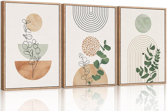 Ausril Boho Terracotta Green Framed Canvas Wall Art Set, Abstract Plant Wall Decor, Mid Century Modern Geometric Wall Painting, Neutral Abstract Art Print to Living Room, Bedroom, Office 36"x24"x3