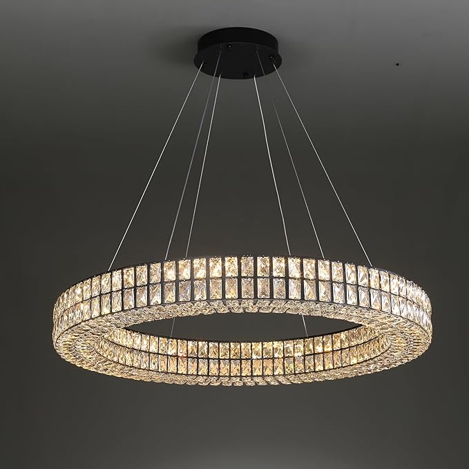 Modern Led Ring Chandeliers Dimmable Crystal Chandelier for Living Room Dining Room Ring Pendant Light Adjustable 24 inch Black