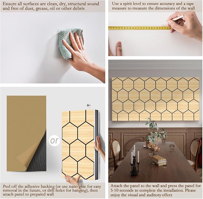 4Pack Acoustic Wall Panel Self-Adhesive Soundproof Foam Panels for Wall, 3D Perforated Tri-Layer Polyester Fiber Decorative Acoustic Insulation for Recording Studio, Office, Home, 24×12×1.78", Hexagon