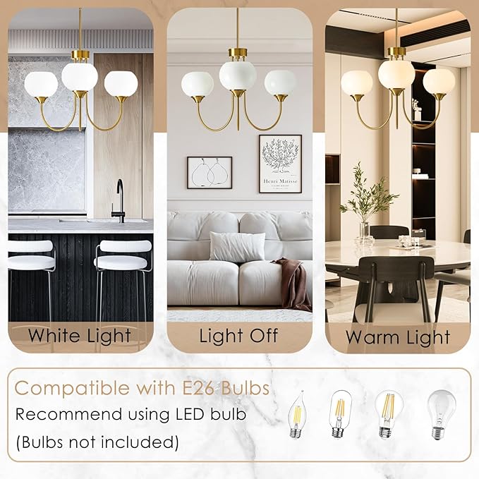 Modern Globe Chandelier 3 Light Mid Century White Milk Glass Vintage Sputnik Chandeliers Gold Pendant Light Fixtures for Dining Room Kitchen Living Room Bedroom