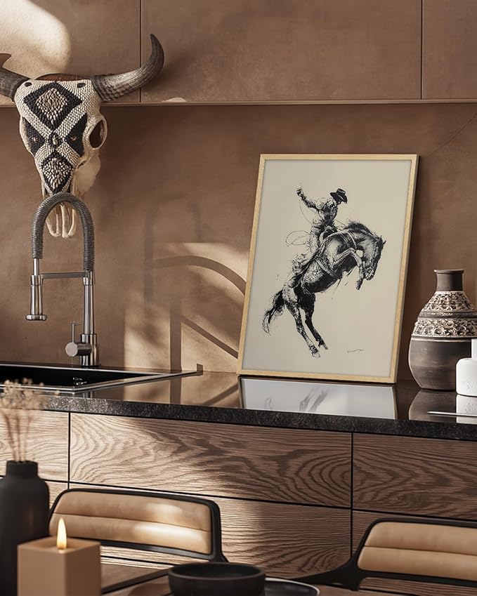 ARPEOTCY Small Framed Canvas Wall Art, 12x16in, Vintage Sketch Cowboy Horse Art, Western Room Wall Decor for Bedroom Shelf, Country Retro Artwork