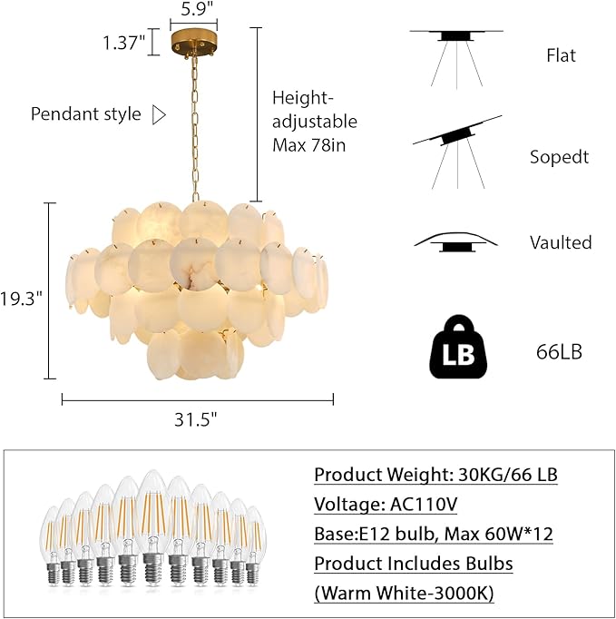 Natural Alabaster Round Chandelier, 31.5" Modern Marble Chandelier with 50 Stone Texture Panels, 12-Light Dimmable Spanish Alabaster Chandeliers for Living Room, Dining Room, Hallway