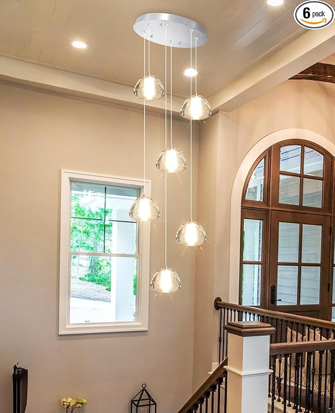 6-Lights Pendant Lighting for Entrance Modern Crystal Chandeliers LED Crystal Hanging Lights for Dining Room Bedroom Foyer Staircase Living Room 3000K