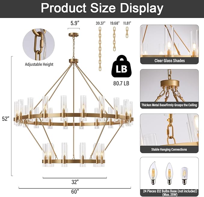 Large Wagon Wheel Chandelier, 30 Light Gold Round Chandelier with Glass Shade,60 Inch Round Industrial High Ceilings Pendant Lighting Fixture for Dining Living Room, Kitchen Island, Foyer