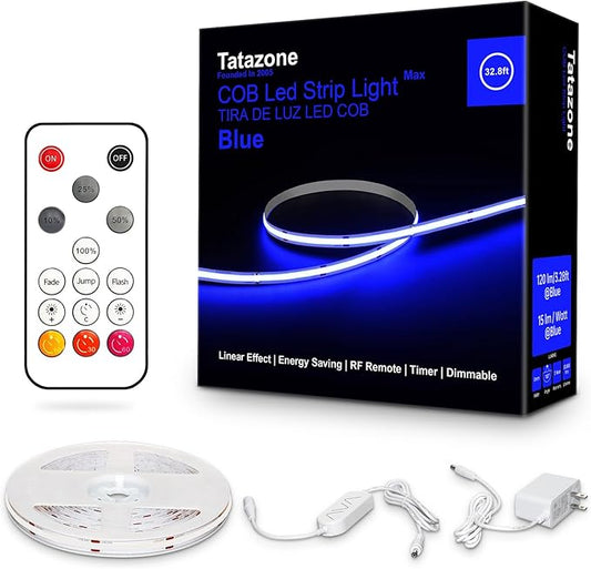 32.8ft Blue COB Led Strip Lights with RF Remote, Dimmable Bright Adhesive Indoor Led COB Light Strip for Cabinet, Paintings, Room, Bed