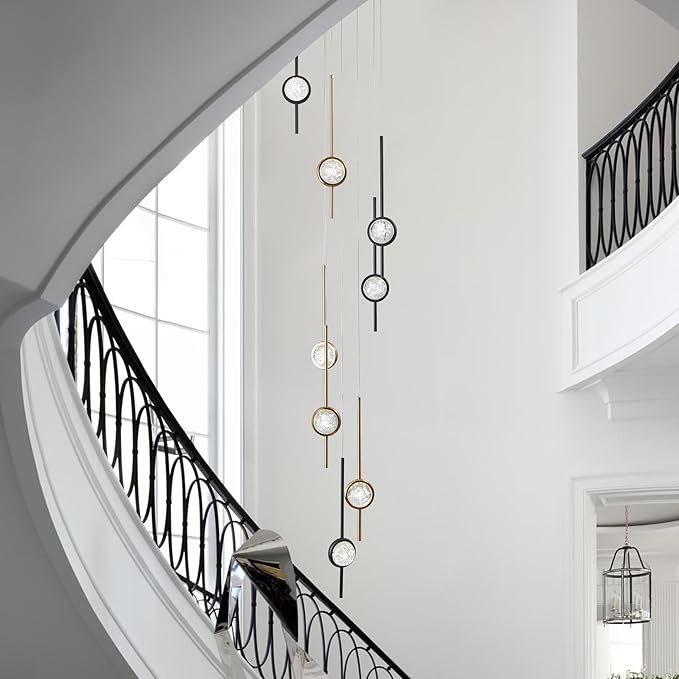 8-Light Chandelier,Crystal Globe Ball Bubble Chandelier with Special Black Gold pins.Black and Gold Chandelier for Spiral Staircase, Foyer, Entryway,High Ceiling (24W)