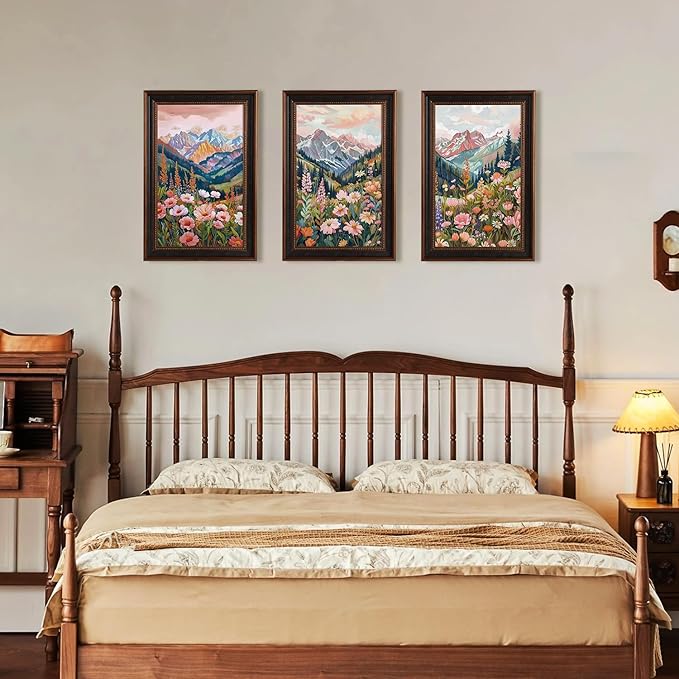 Large Colorful Floral Blossom Framed Canvas Wall Art,Natural Ridge Mountain Wall Decor, Boho Botanical Artwork, Modern Scenery Art Print for Living Room,Bedroom,Office- 16"x24"x3