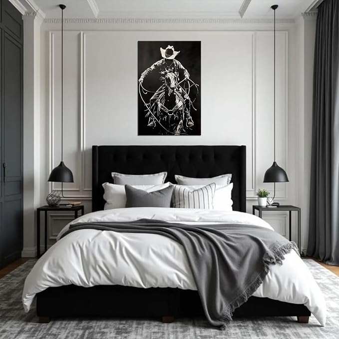 Black White Western Cowboy Canvas Wall Art Vintage Southwestern Wall Decor Prints Poster Pictures for Bedroom Bathroom Living Room Office Home Decortion Framed(28L" x 44W")