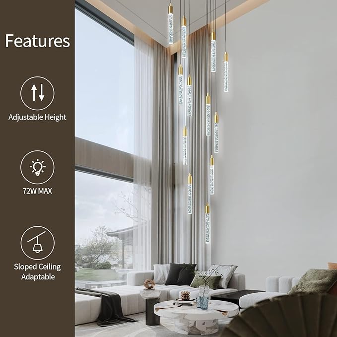 12-Light Modern Living Room Chandelier Gold Brass Finish Crystal Ceiling Pendant Lights LED Dimmable 72W 6000K Staircase Large Chandeliers for Entryway Lobby Foyer High Ceiling Chandeliers