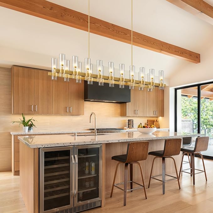 Brass Rectangle Kitchen Island Lights, Farmhouse Linear Rectangular Chandelier with Glass Shades, 20 Lights Gold Lighting Fixtures Industrial Pendant Light for Dining Room Over Table