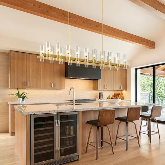 Brass Rectangle Kitchen Island Lights, Farmhouse Linear Rectangular Chandelier with Glass Shades, 20 Lights Gold Lighting Fixtures Industrial Pendant Light for Dining Room Over Table