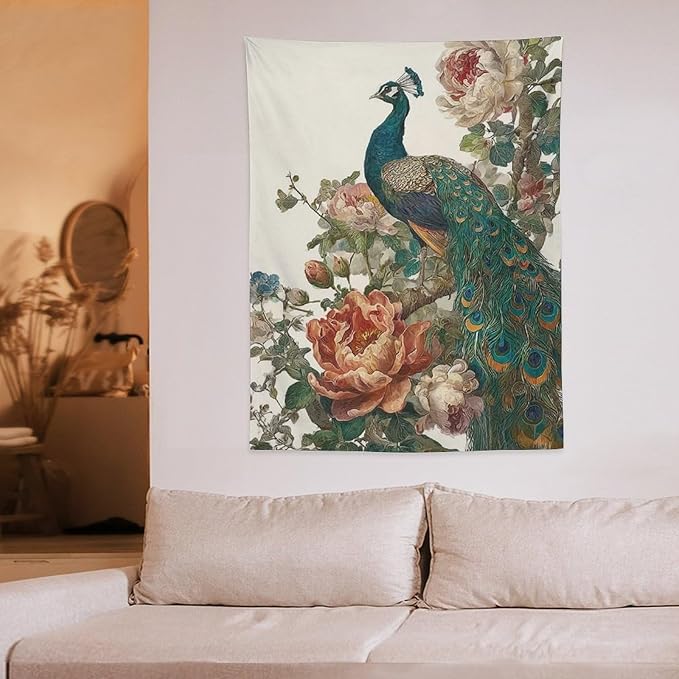 UUKXKUU Peacock Oriental Retro Blooming Flowers Tree Tapestry Flag Backdrop Wall Hanging Large Wall Art Decor for Dorm Office Bedroom Living Room 30"×40"