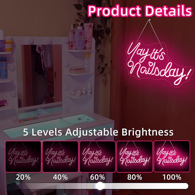 Lucunstar Yay It's Nails Day Neon Sign,Pink Led Light,USB Connectivity Led Neon Sign with Dimming Switch for Home Wall Decor,Girls Room Party Room Decor