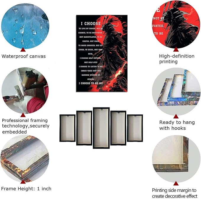 Armored Samurai Wall Art I Choose to Live by Choice Canvas Prints Vintage Japanese Artwork Black Motivational Poster Inspirational Quotes Painting for Men Bedroom Living Room Office (12''W x 16''H)