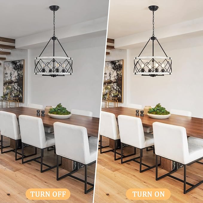 4-light Farmhouse Chandelier for Dining Room 17.7 inch Rustic Drum Chandeliers Adjustable Hanging Pendant Light Fixture for Kitchen Island Entryway Foyer Bedroom Living Room Hallway,Gray & Black,E26