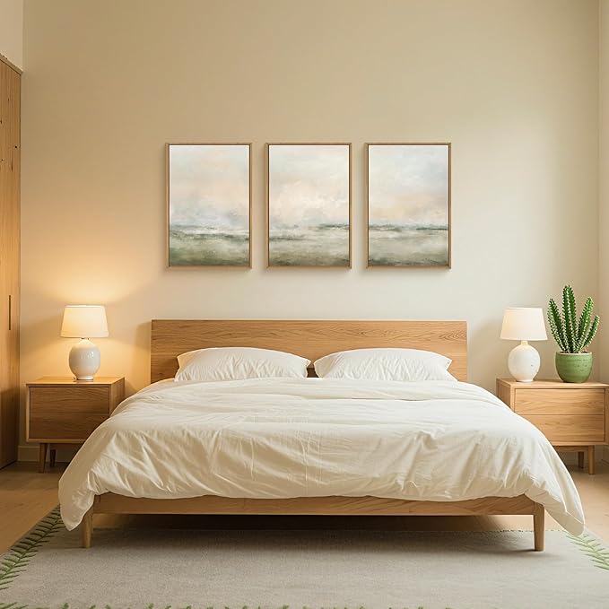 Abstract Beige Green Landscape Framed Canvas Wall Art Set, Watercolor Natural Tan Wall Decor, Minimalist Neutral Modern Scenery Artwork for Living Room, Bedroom,Farmhouse- 24"x36"x3