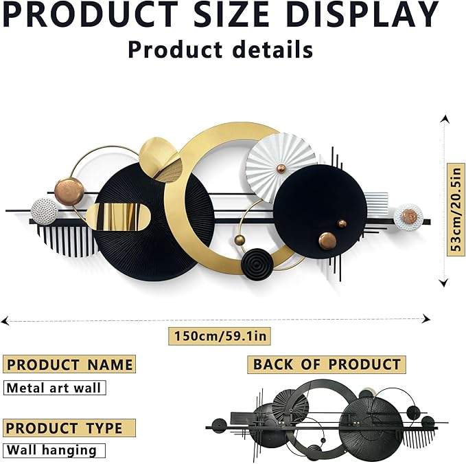 Large Modern Abstract Metal Wall Art, Black and Gold Geometric Circles Wall Decoration, Contemporary Home Decor,59 × 24 inches Wall Art for Living Room/Dinning Room/Bedroom/Entryway/Kitchen/Office