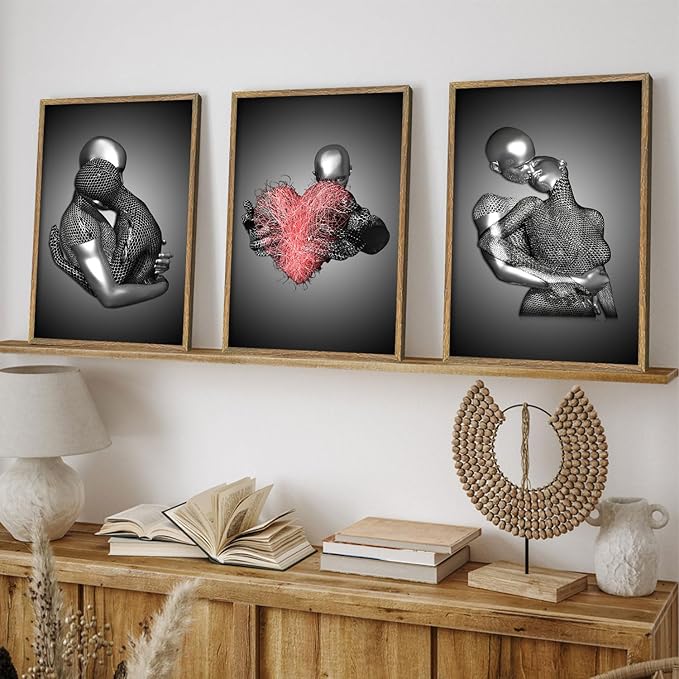 3Pcs Wood Framed 3D Couple Wall Art Poster Modern Decoration Prints Love Images Reusable Gallery Artwork Black and White Metal Style Romantic Hanging Painting Suitable 12x16 inch