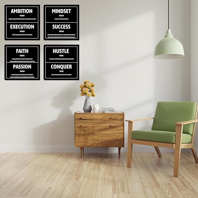 Motivational Office Wall Decor Inspirational Success Canvas Wall Art Hustle Mindset 3 Pieces Posters Prints Wall Picture Artwork Home Living Room Bedroom Framed Ready to Hang - 12"x12"x4PCS