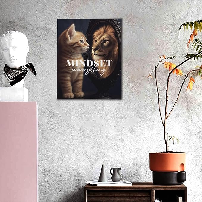 Motivational Lion And Cat Wall Art For Kids Mindset Is Everything Nursery Canvas Wall Decor Inspirational Pictures Paintings Prints Artwork Framed Decorations For Children's Room Bathroom Bedroom Living Room Office Gifts 16" x 20"